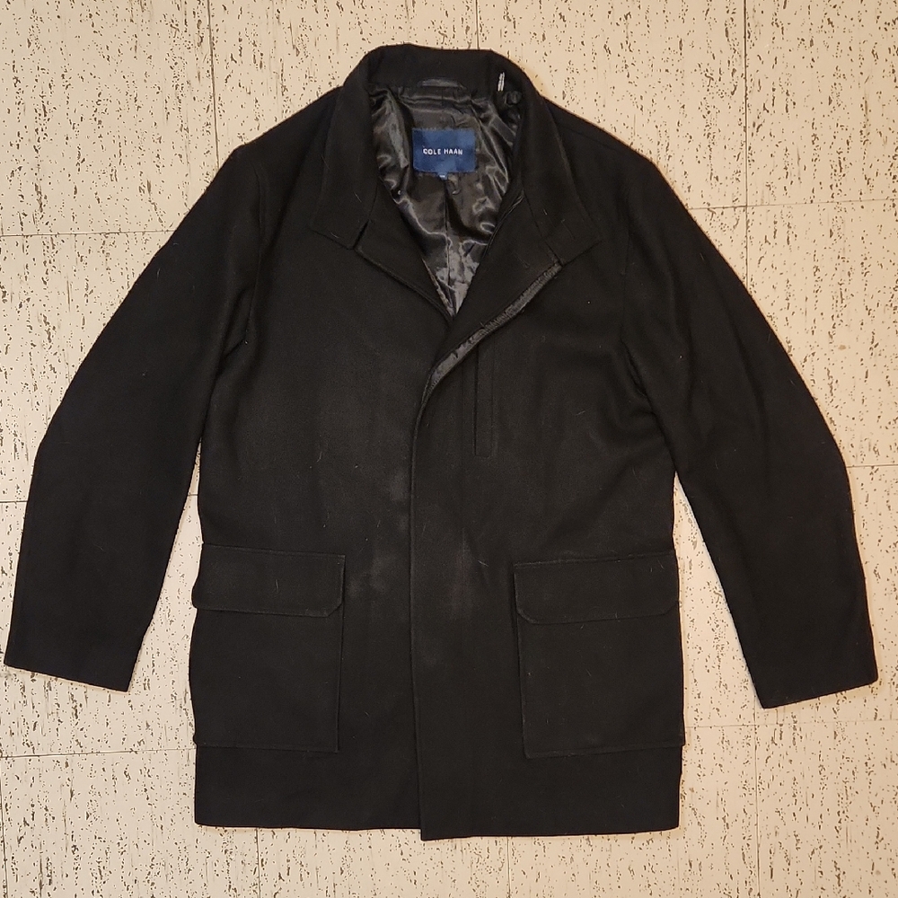 Cole Haan Black Wool Blend Button Down Casual Dress Long Coat Jacket